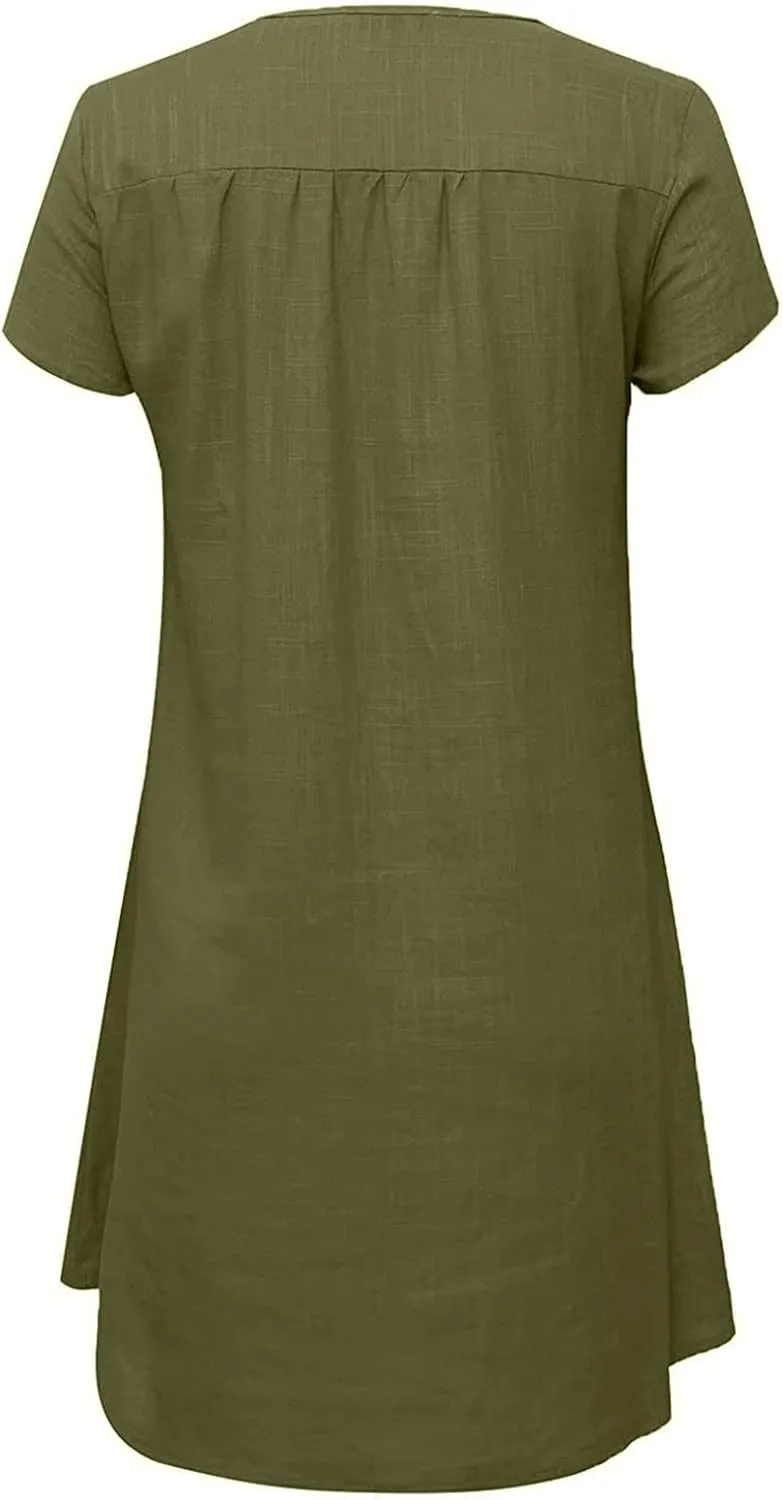 Womens Dress Plus Size Short Sleeve Notch Neck Mini Dress Summer Loose Comfy Cotton Linen Dresses for Teen Girls