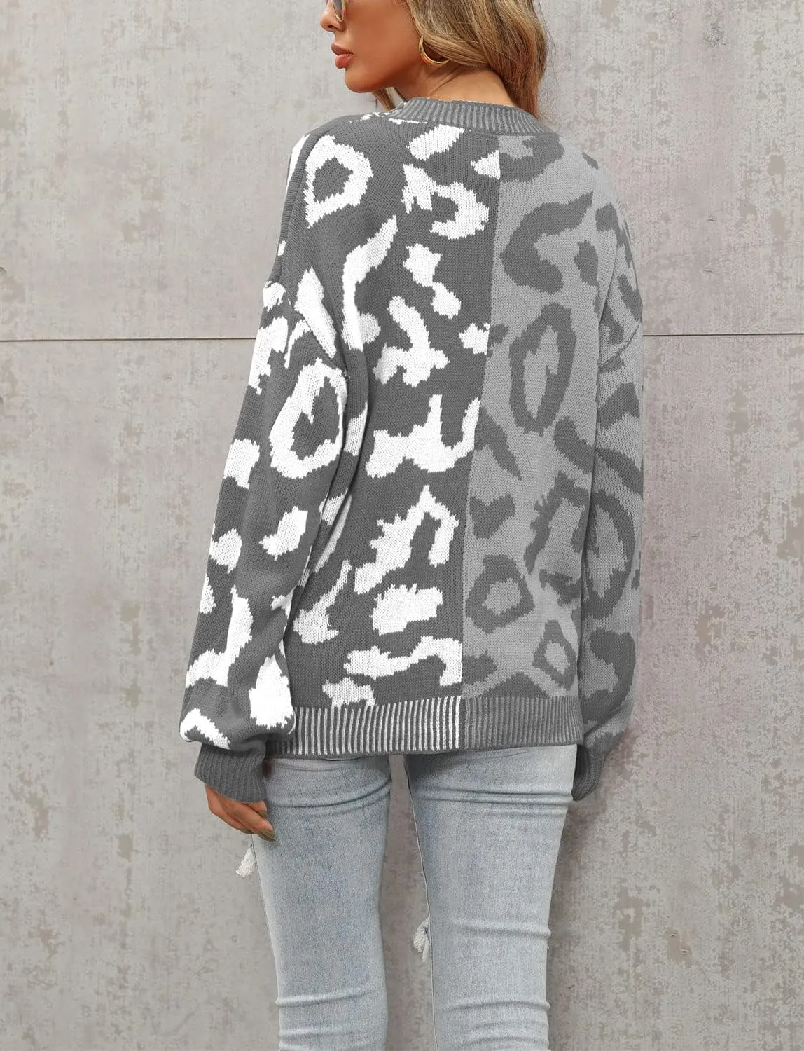 Women's Fall Color Block Leopard Print Cardigan Sweater Button Down Ribbed Knit Coatigan Coat