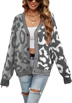 Women's Fall Color Block Leopard Print Cardigan Sweater Button Down Ribbed Knit Coatigan Coat