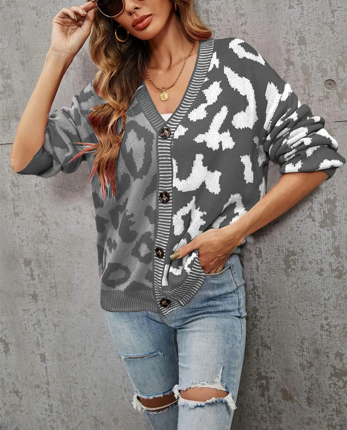 Women's Fall Color Block Leopard Print Cardigan Sweater Button Down Ribbed Knit Coatigan Coat