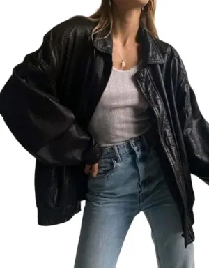 Womens Fashion 90's Oversized Vintage Black Leather Jacket | Women Lambskin Motorcycle 90s Oversized Bomber Leather Jacket