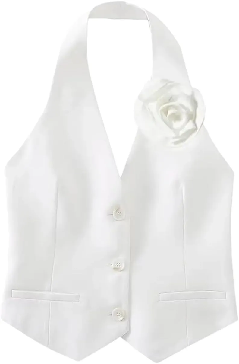 Women's Fashion Single Breasted Flower Camisole Tops Solid Sleeveless Backless Crop Office Work Vest