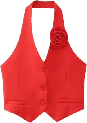 Women's Fashion Single Breasted Flower Camisole Tops Solid Sleeveless Backless Crop Office Work Vest