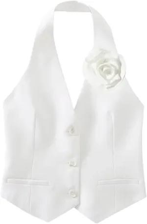 Women's Fashion Single Breasted Flower Camisole Tops Solid Sleeveless Backless Crop Office Work Vest