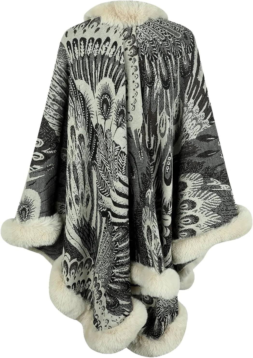 Womens Faux Fur Trim Coat Shawls Wrap Winter Vintage Open Front Cardigan Poncho Cape Cloak