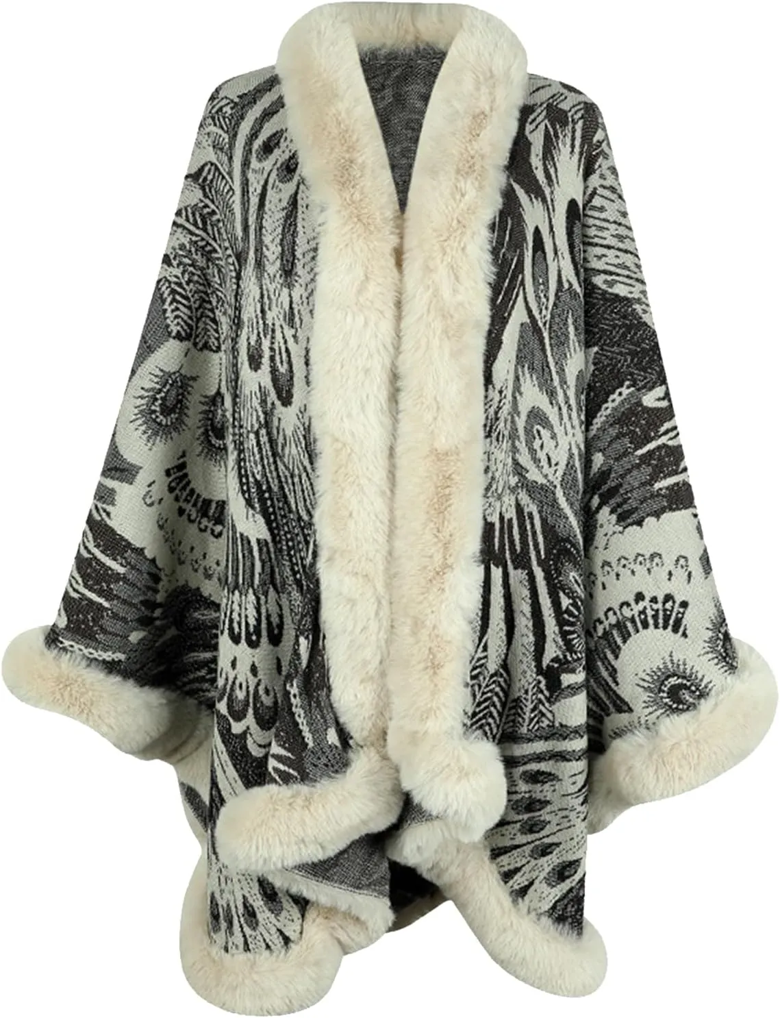 Womens Faux Fur Trim Coat Shawls Wrap Winter Vintage Open Front Cardigan Poncho Cape Cloak