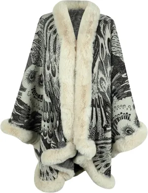 Womens Faux Fur Trim Coat Shawls Wrap Winter Vintage Open Front Cardigan Poncho Cape Cloak