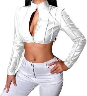 Women's Faux Leather Jackets Sexy V Neck Long Sleeve Zipper Midriff Up Moto Cropped Jacket