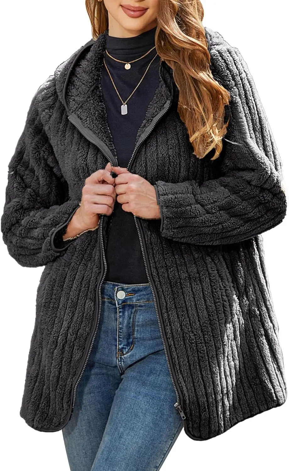 Womens Fleece Jacket Hooded Winter Warm Full Zip Long Sleeve Sherpa Jacket Coat Outerwear with Hood (S-5XL)