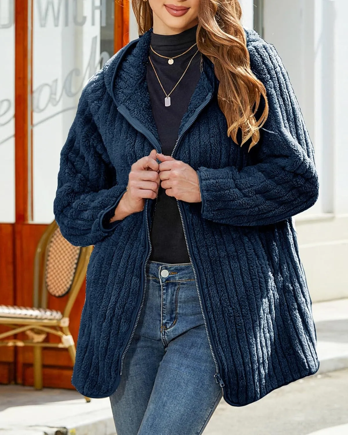 Womens Fleece Jacket Hooded Winter Warm Full Zip Long Sleeve Sherpa Jacket Coat Outerwear with Hood (S-5XL)