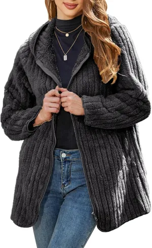 Womens Fleece Jacket Hooded Winter Warm Full Zip Long Sleeve Sherpa Jacket Coat Outerwear with Hood (S-5XL)