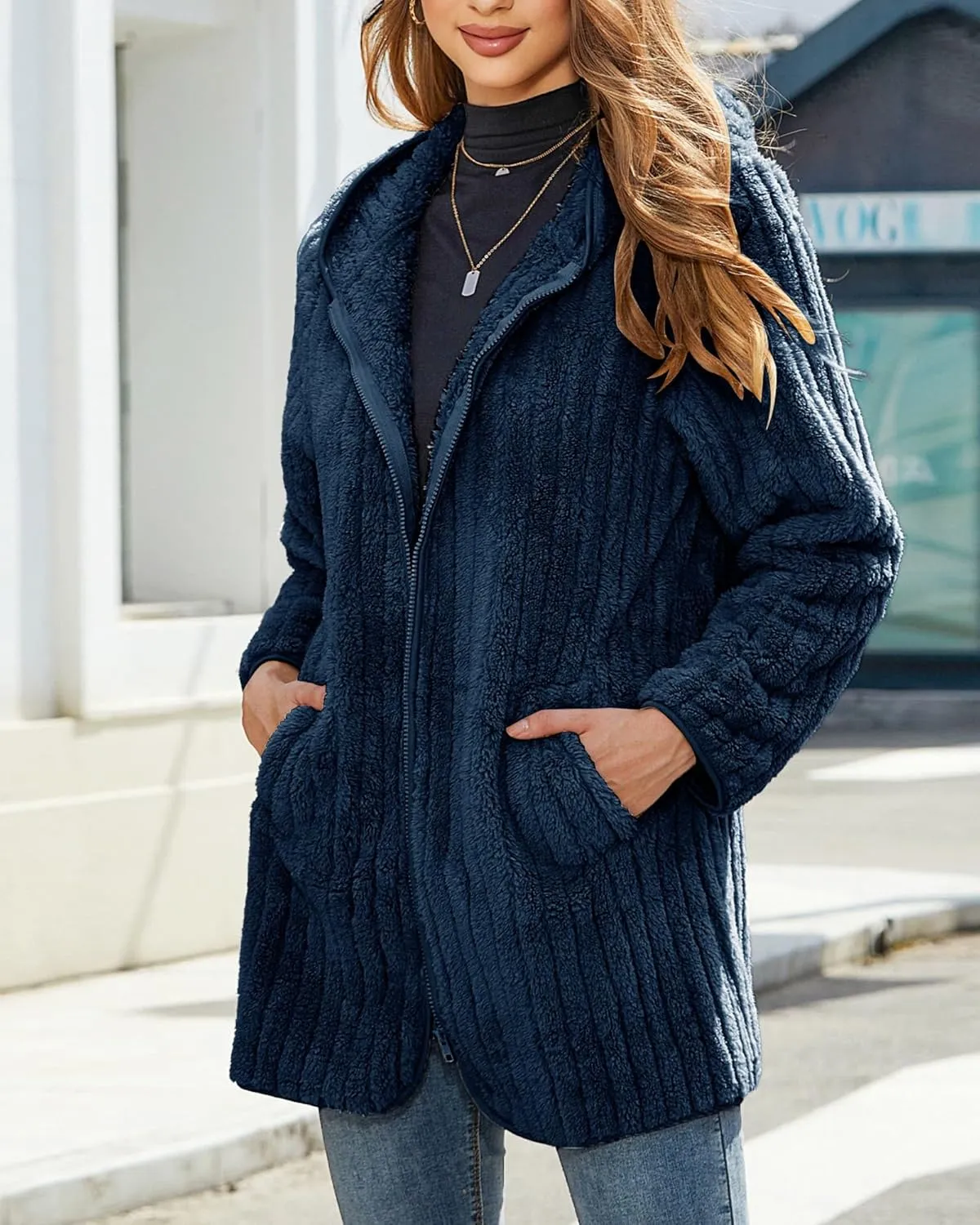 Womens Fleece Jacket Hooded Winter Warm Full Zip Long Sleeve Sherpa Jacket Coat Outerwear with Hood (S-5XL)