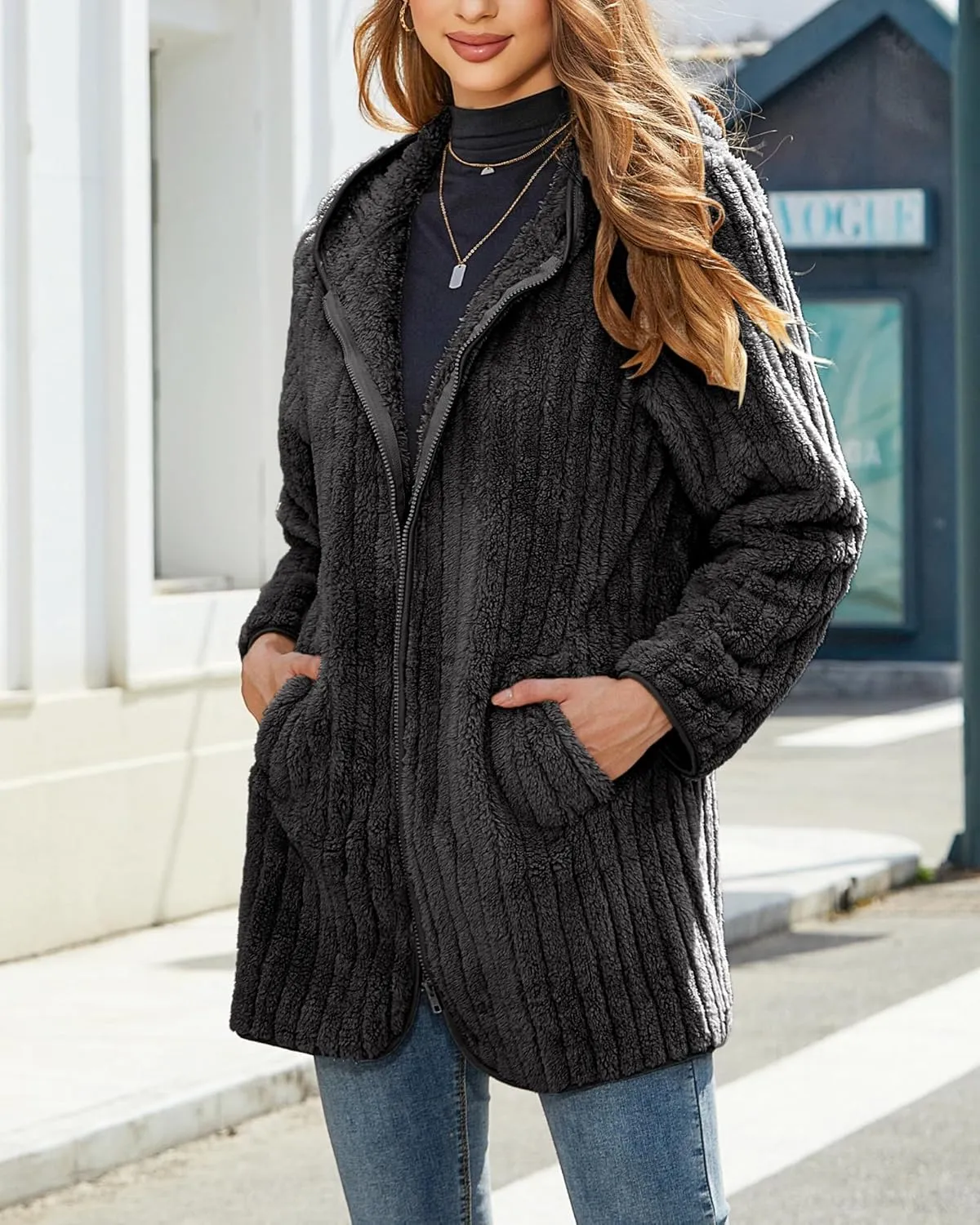 Womens Fleece Jacket Hooded Winter Warm Full Zip Long Sleeve Sherpa Jacket Coat Outerwear with Hood (S-5XL)