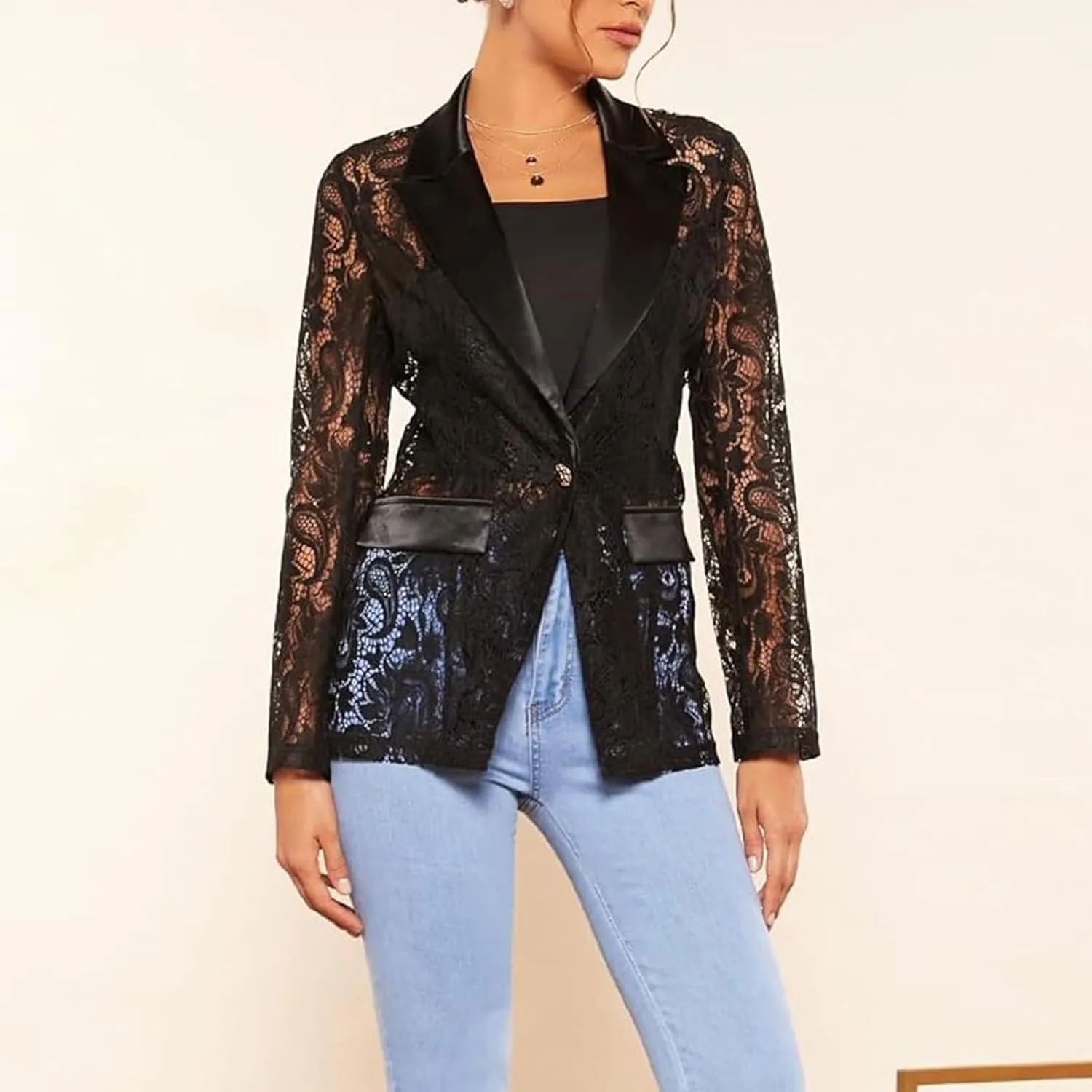 Women's Floral Lace Blazer Mesh Single Button Lapel Long Sleeve Elegant Jacket Blazer
