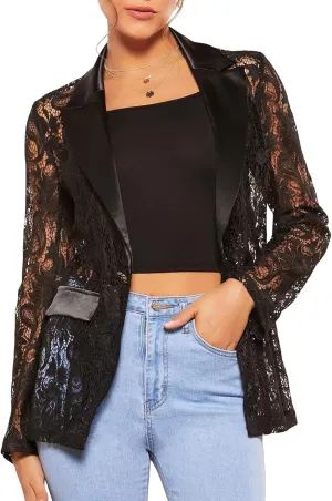 Women's Floral Lace Blazer Mesh Single Button Lapel Long Sleeve Elegant Jacket Blazer
