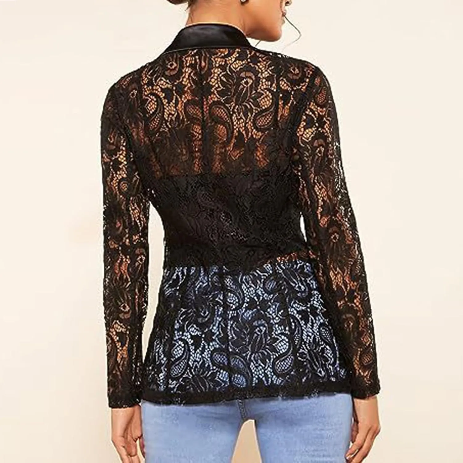 Women's Floral Lace Blazer Mesh Single Button Lapel Long Sleeve Elegant Jacket Blazer