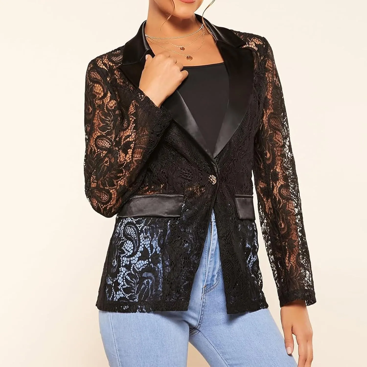 Women's Floral Lace Blazer Mesh Single Button Lapel Long Sleeve Elegant Jacket Blazer