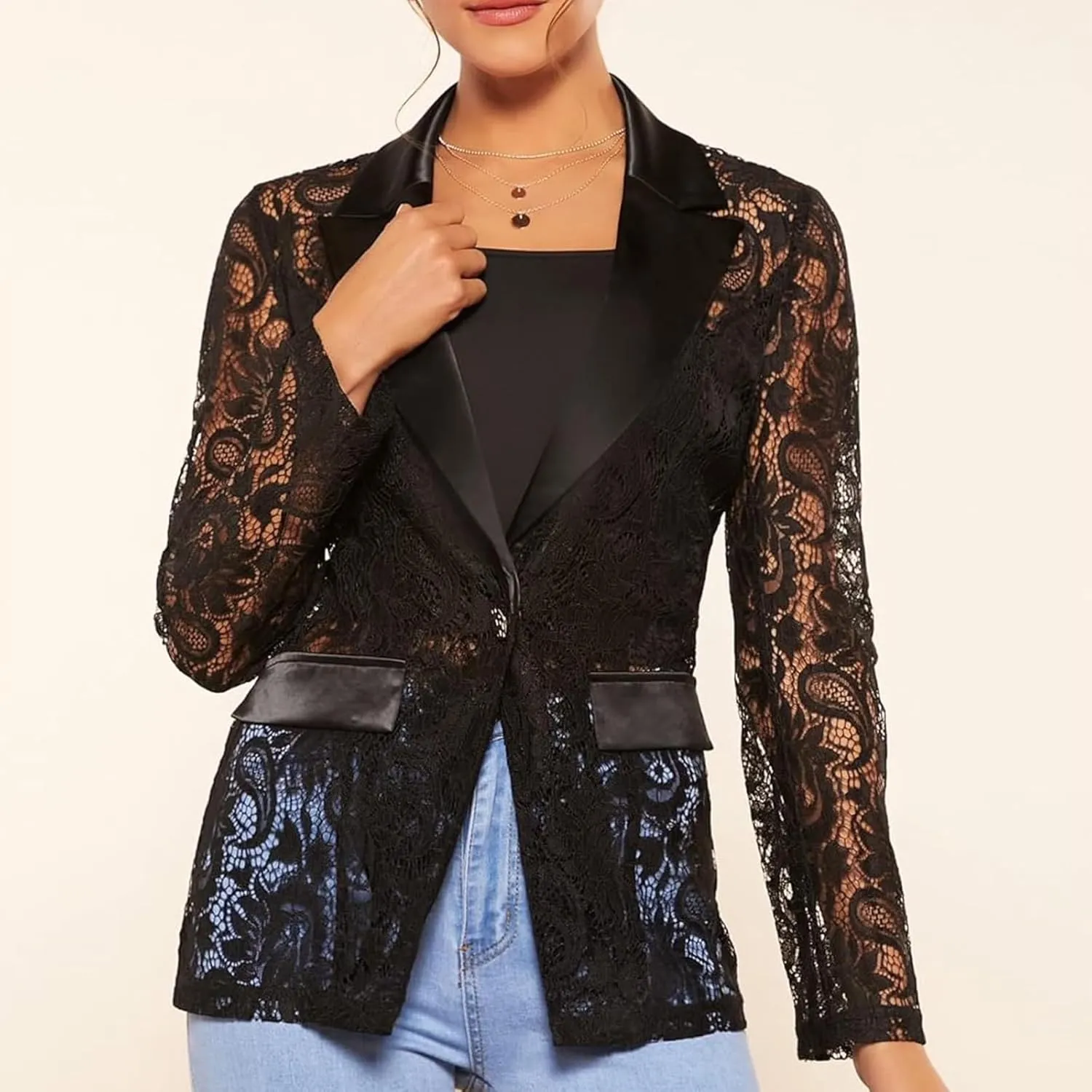 Women's Floral Lace Blazer Mesh Single Button Lapel Long Sleeve Elegant Jacket Blazer