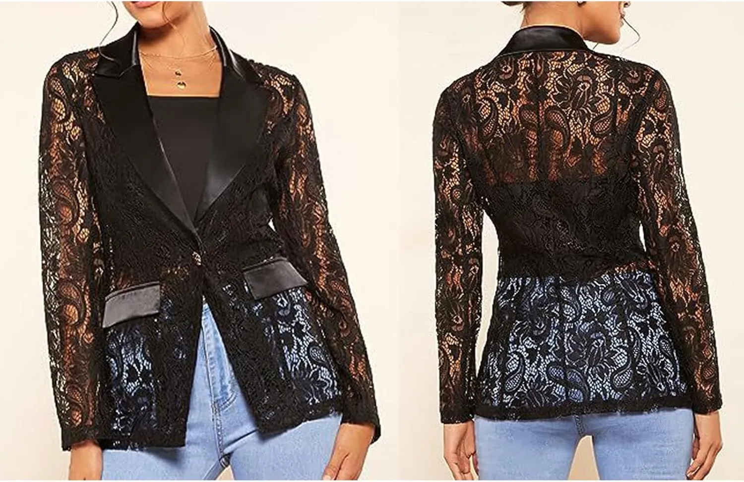 Women's Floral Lace Blazer Mesh Single Button Lapel Long Sleeve Elegant Jacket Blazer
