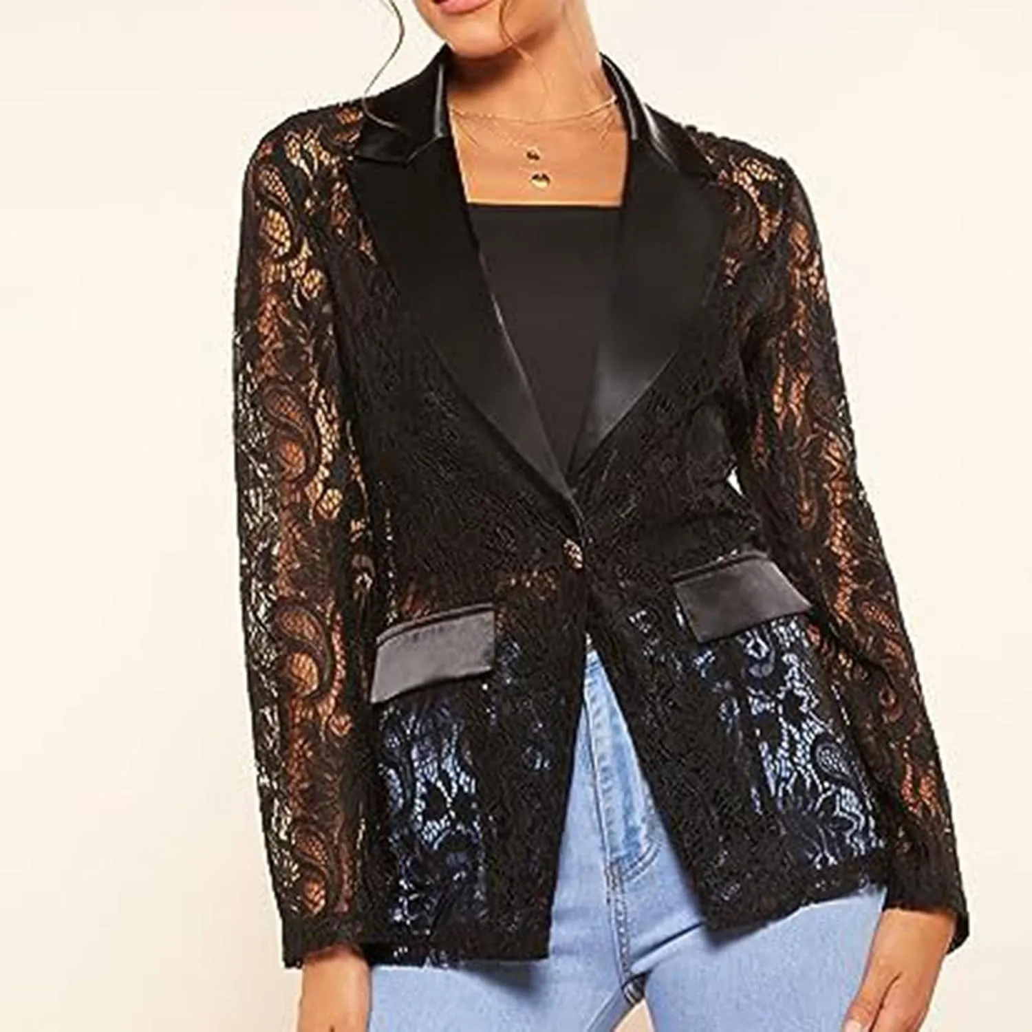 Women's Floral Lace Blazer Mesh Single Button Lapel Long Sleeve Elegant Jacket Blazer