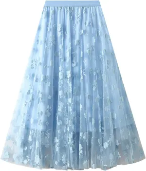 Womens Floral Tulle Fairy Midi Skirts Casual High Waisted A Line Pleated Flowy Flared Skirt