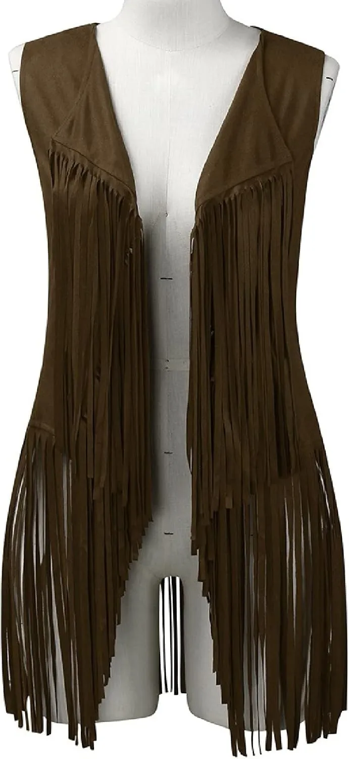 Womens Fringe Jacket Vest Western 70s Outfits Vintage Tassel Sleeveless Cardigans Hippie Clothes Cowgirl Tops Shirts