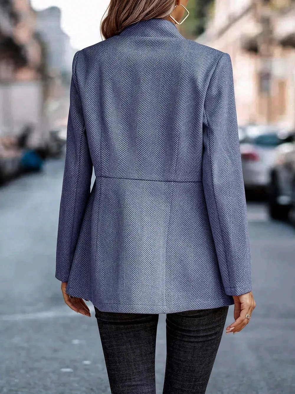 Women's Herringbone Open Front Business Jacket Casual Long Sleeve Notch Lapel Blazer Office Overcoats
