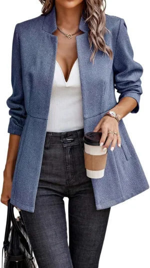 Women's Herringbone Open Front Business Jacket Casual Long Sleeve Notch Lapel Blazer Office Overcoats