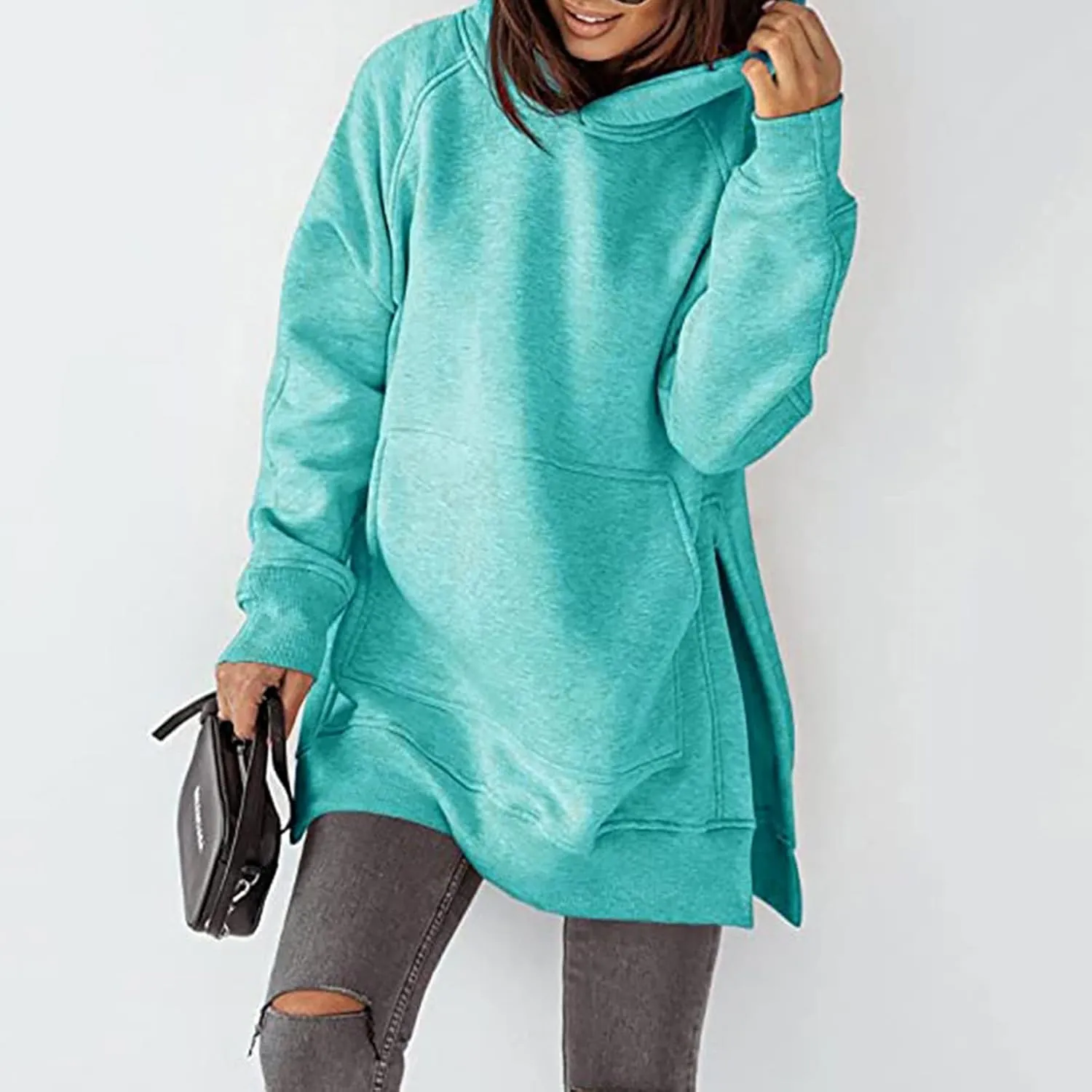 Women's Hoodies Casual Pullover Oversized Sweatshirt Long Sleeve Split Hem Hoodie with Kangaroo Pocket