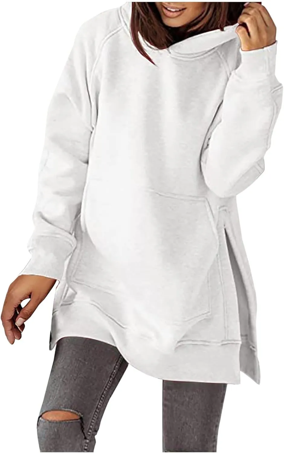 Women's Hoodies Casual Pullover Oversized Sweatshirt Long Sleeve Split Hem Hoodie with Kangaroo Pocket