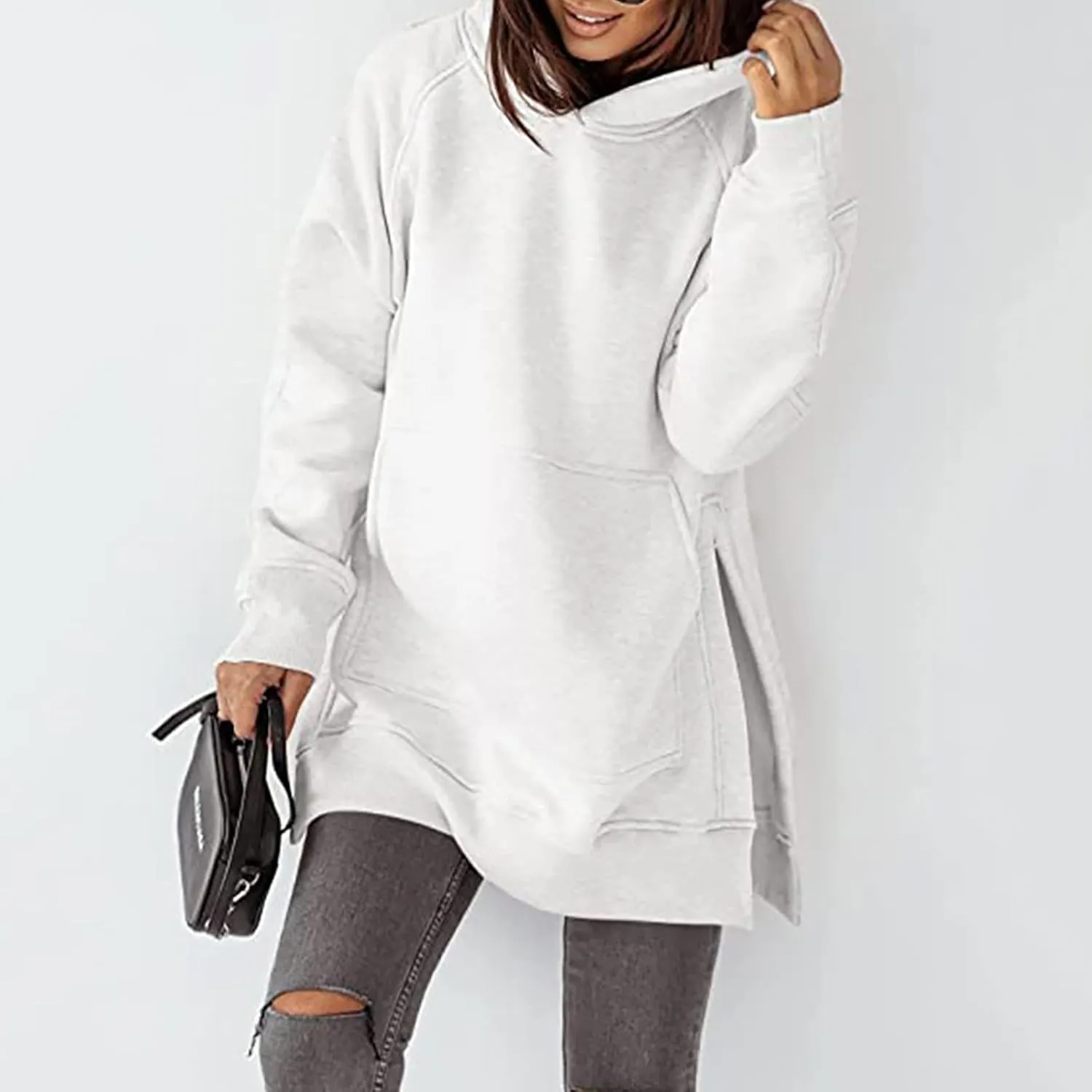Women's Hoodies Casual Pullover Oversized Sweatshirt Long Sleeve Split Hem Hoodie with Kangaroo Pocket