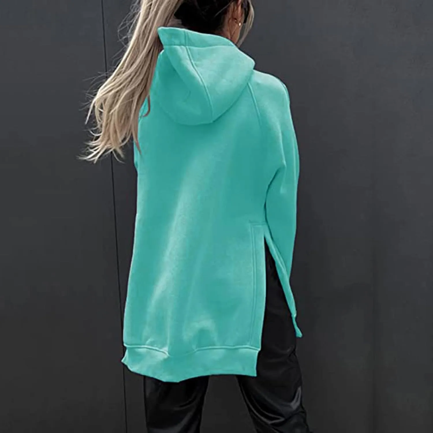 Women's Hoodies Casual Pullover Oversized Sweatshirt Long Sleeve Split Hem Hoodie with Kangaroo Pocket