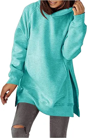 Women's Hoodies Casual Pullover Oversized Sweatshirt Long Sleeve Split Hem Hoodie with Kangaroo Pocket