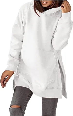 Women's Hoodies Casual Pullover Oversized Sweatshirt Long Sleeve Split Hem Hoodie with Kangaroo Pocket