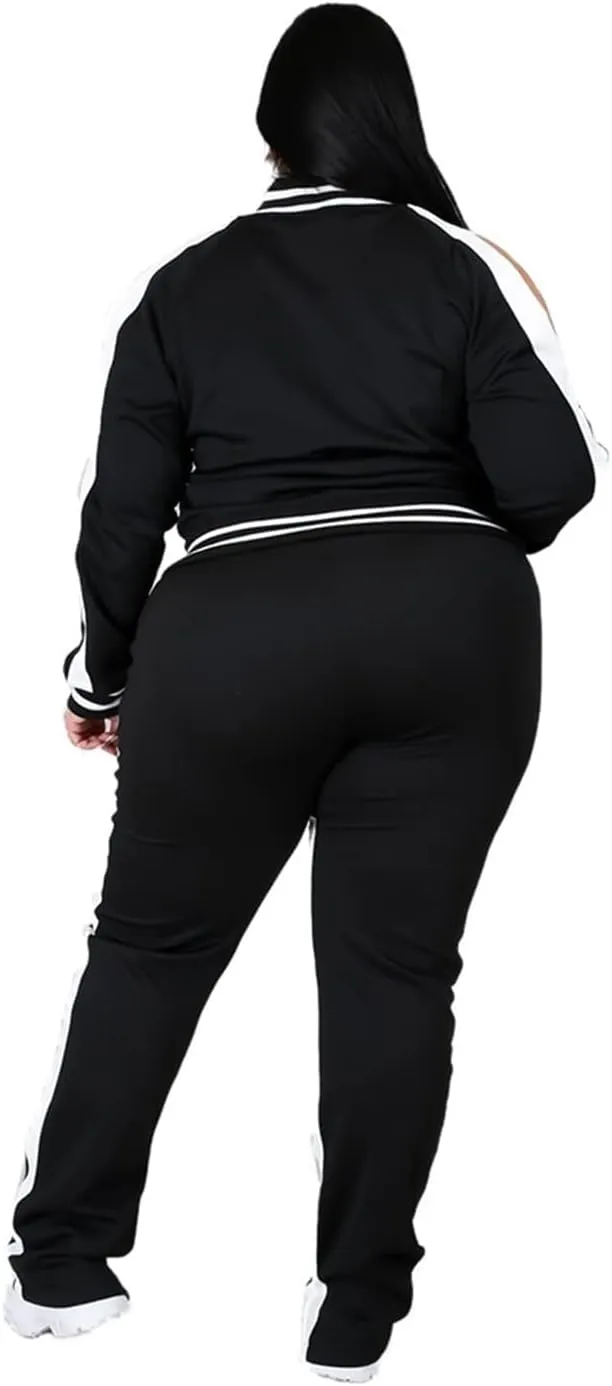Womens Jogging Suits Plus Size Tracksuit Stripe Jackets Sweatpants 2 Piece Sweatsuits Set