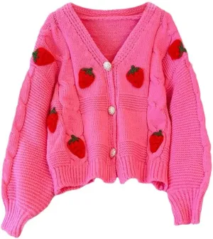Womens Kawaii Strawberry Knit Cropped Sweater Cute Cardigan Aesthetic for Teen Girls Floral Y2k Korean School Uniform Jacket