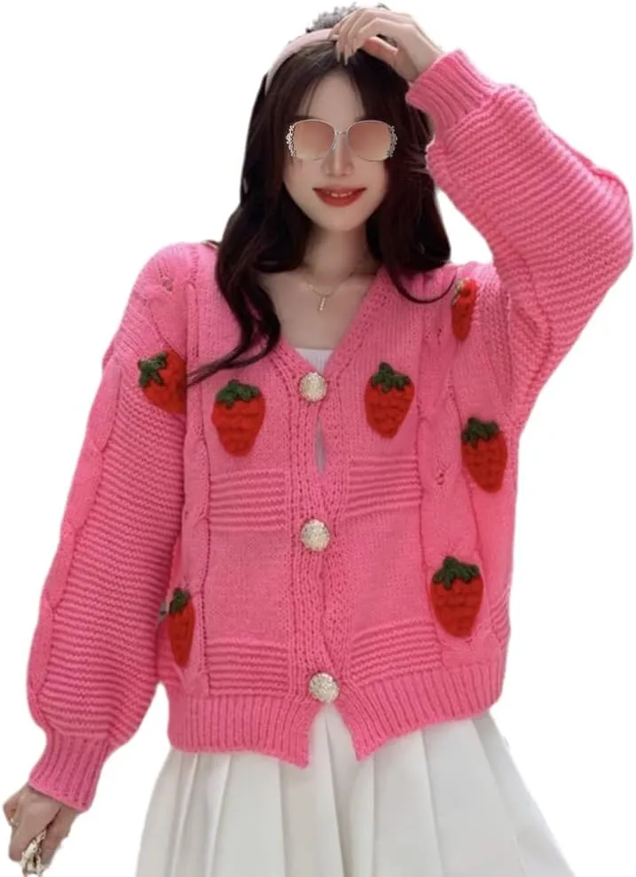 Womens Kawaii Strawberry Knit Cropped Sweater Cute Cardigan Aesthetic for Teen Girls Floral Y2k Korean School Uniform Jacket