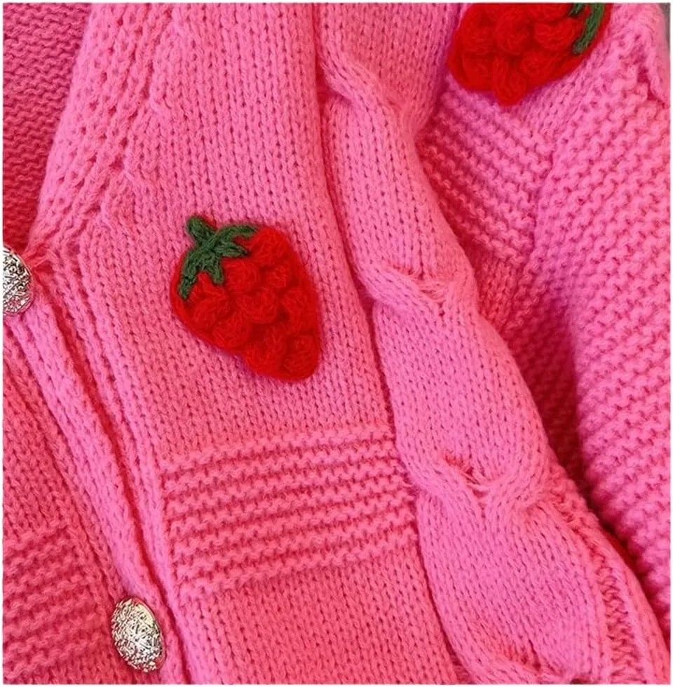 Womens Kawaii Strawberry Knit Cropped Sweater Cute Cardigan Aesthetic for Teen Girls Floral Y2k Korean School Uniform Jacket
