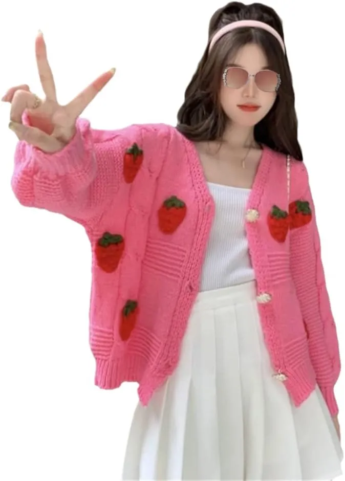 Womens Kawaii Strawberry Knit Cropped Sweater Cute Cardigan Aesthetic for Teen Girls Floral Y2k Korean School Uniform Jacket