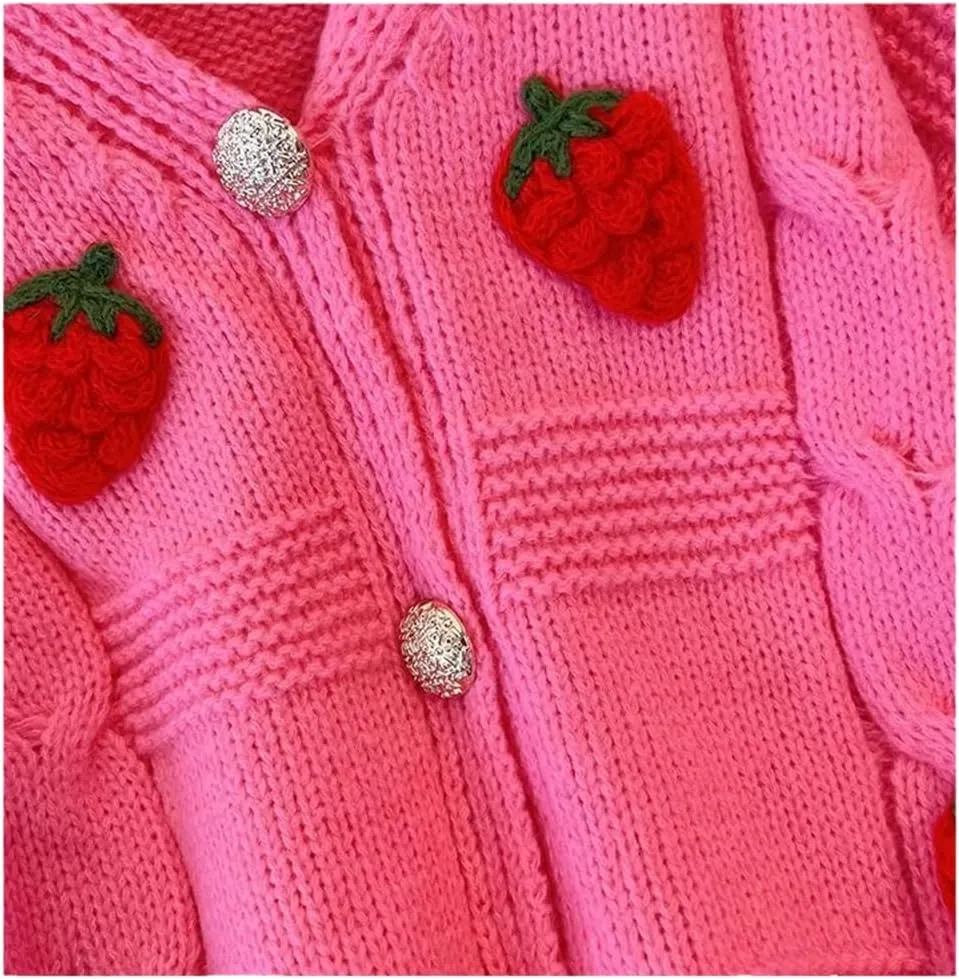 Womens Kawaii Strawberry Knit Cropped Sweater Cute Cardigan Aesthetic for Teen Girls Floral Y2k Korean School Uniform Jacket