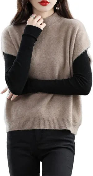 Women's Knitted Vest Mock Neck Sweater 100% Merino Wool Sleeveless Pullover Basic Blouse Short Tops