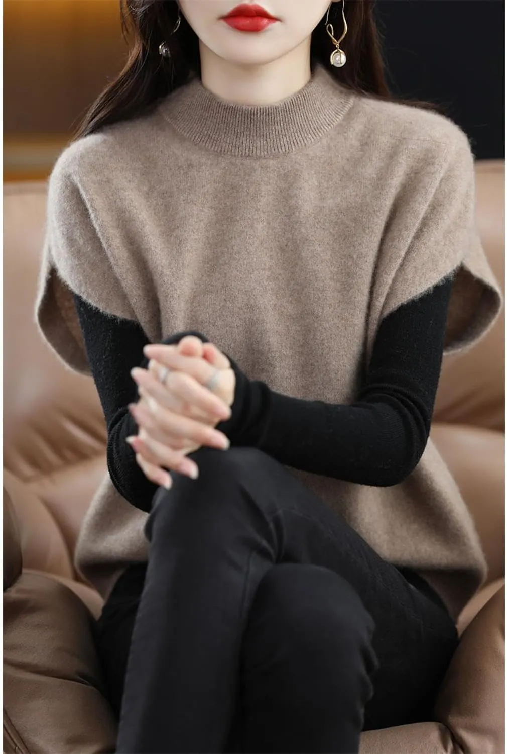 Women's Knitted Vest Mock Neck Sweater 100% Merino Wool Sleeveless Pullover Basic Blouse Short Tops