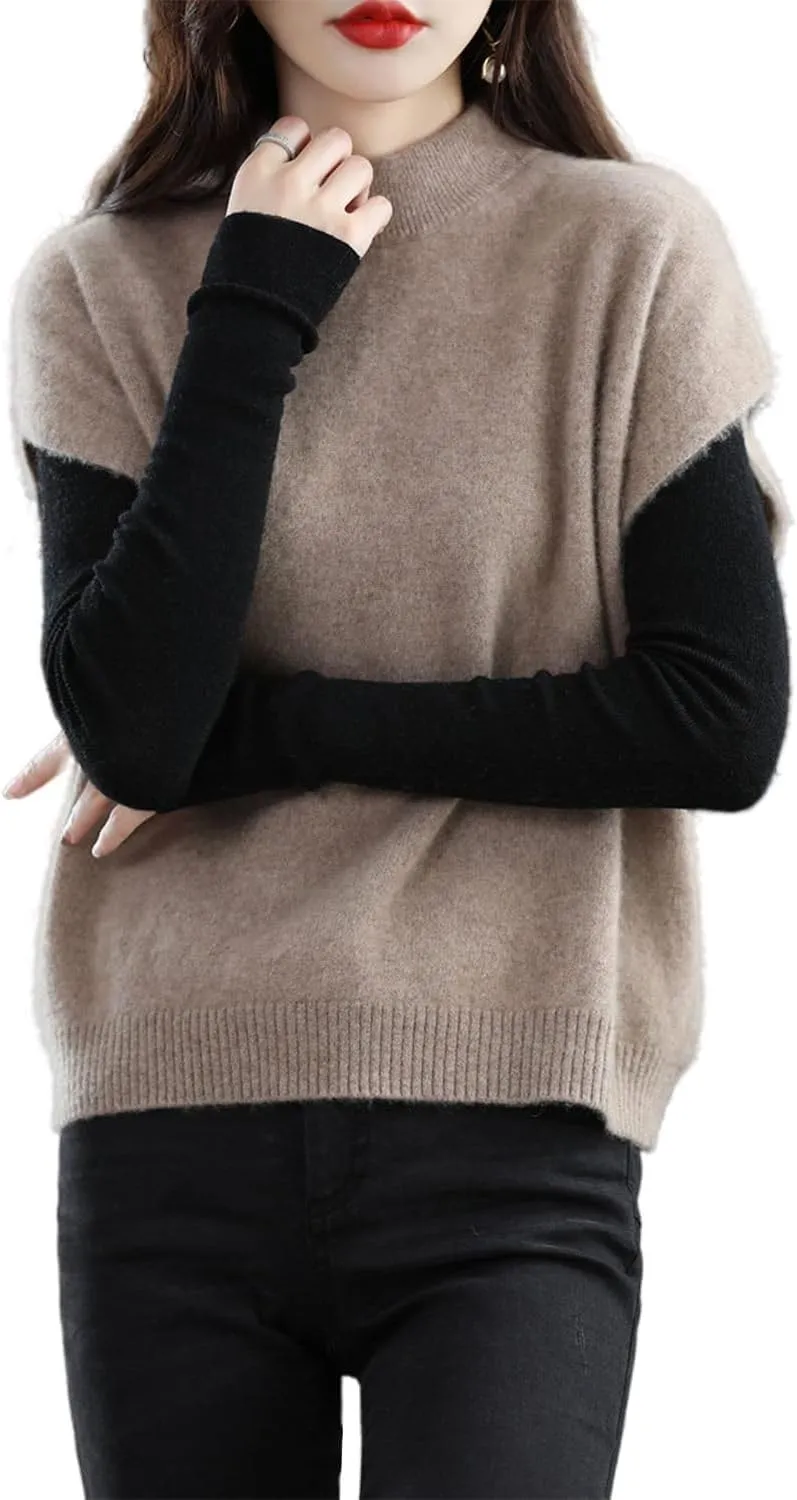 Women's Knitted Vest Mock Neck Sweater 100% Merino Wool Sleeveless Pullover Basic Blouse Short Tops