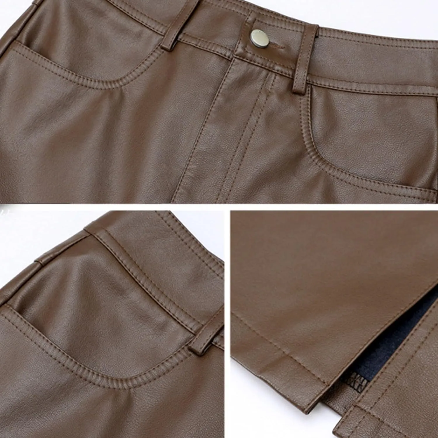 Women's Leather Bodycon Long Skirt Vintage High Waisted Pencil PU Leather Skirt with Slit