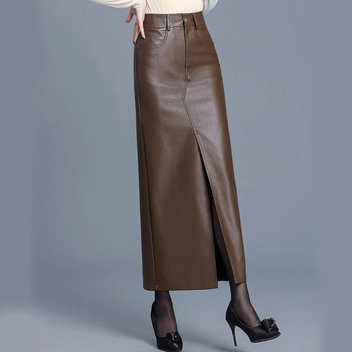 Women's Leather Bodycon Long Skirt Vintage High Waisted Pencil PU Leather Skirt with Slit