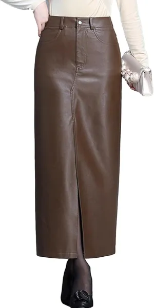 Women's Leather Bodycon Long Skirt Vintage High Waisted Pencil PU Leather Skirt with Slit