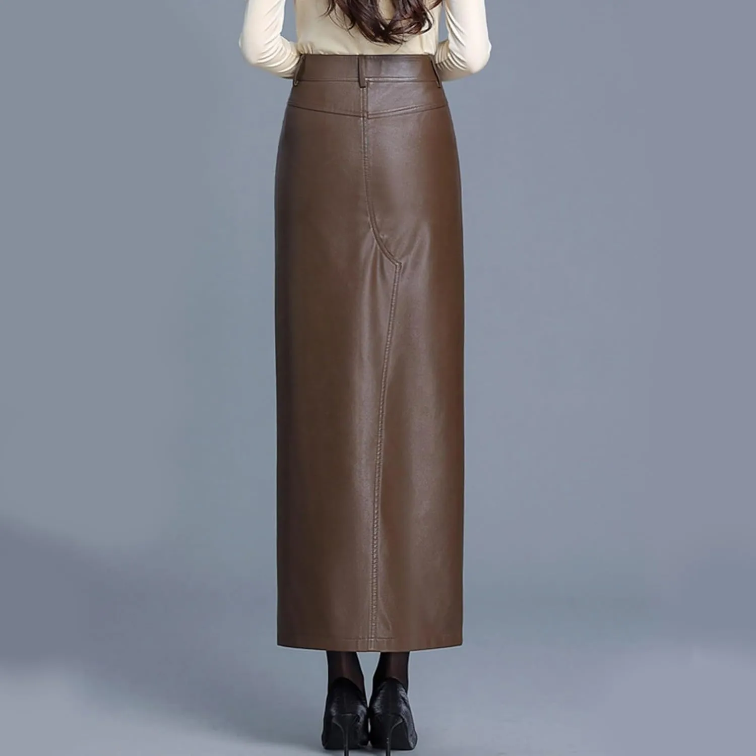 Women's Leather Bodycon Long Skirt Vintage High Waisted Pencil PU Leather Skirt with Slit