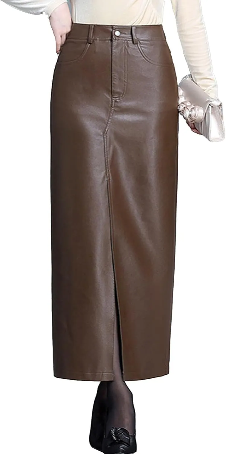 Women's Leather Bodycon Long Skirt Vintage High Waisted Pencil PU Leather Skirt with Slit