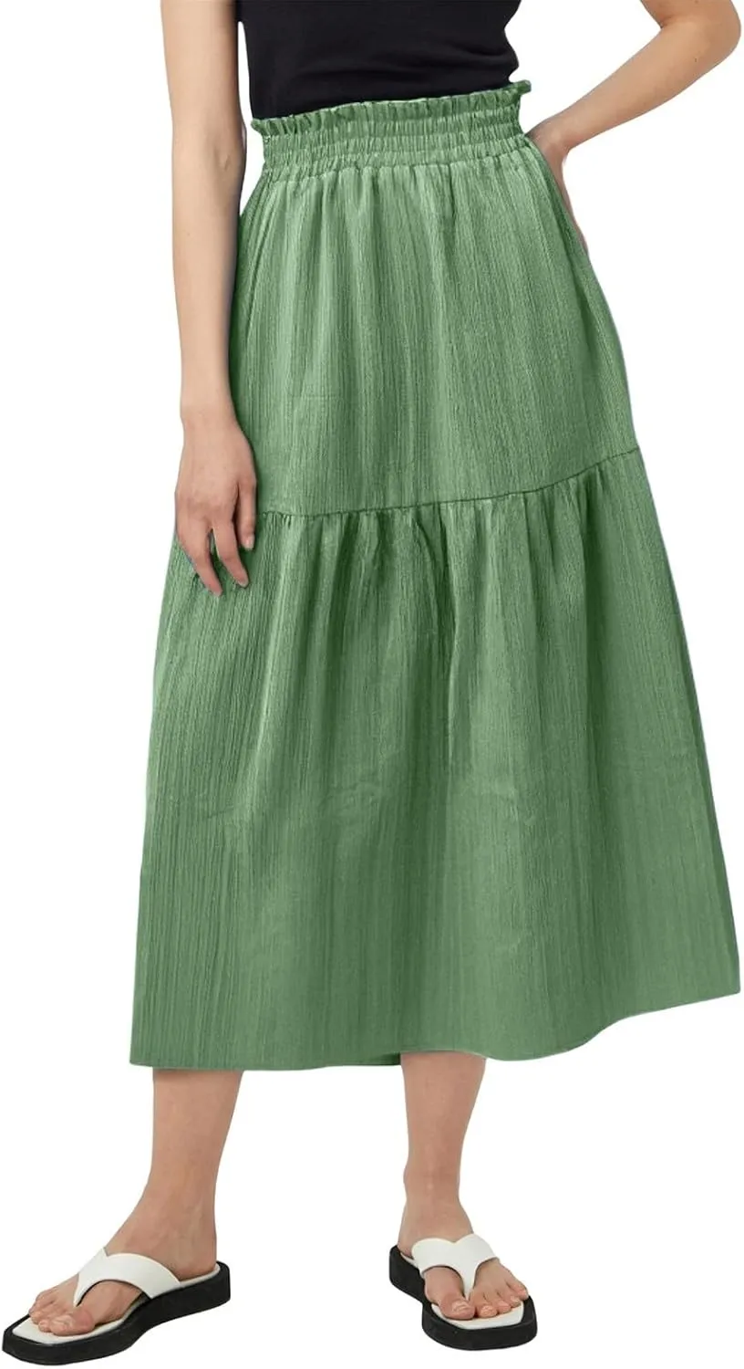 Womens Linen Midi Skirt with Slit Summer Flowy Pleated High Waisted Skirts Cute Ruffle Tiered Casual A Line Boho Skirt