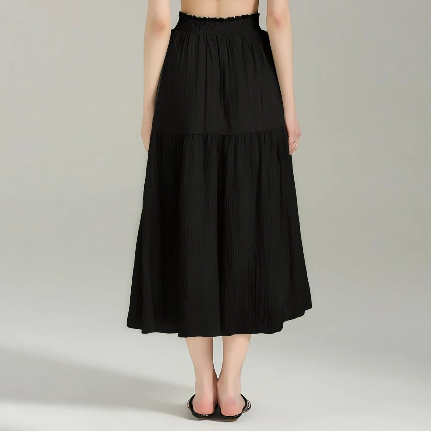 Womens Linen Midi Skirt with Slit Summer Flowy Pleated High Waisted Skirts Cute Ruffle Tiered Casual A Line Boho Skirt